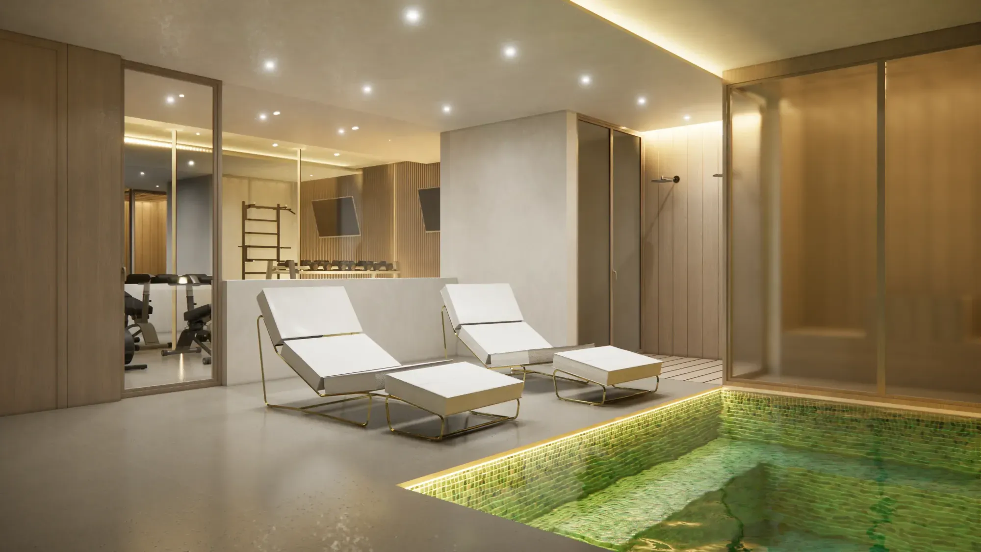 Rendering of the indoor spa pool and gym