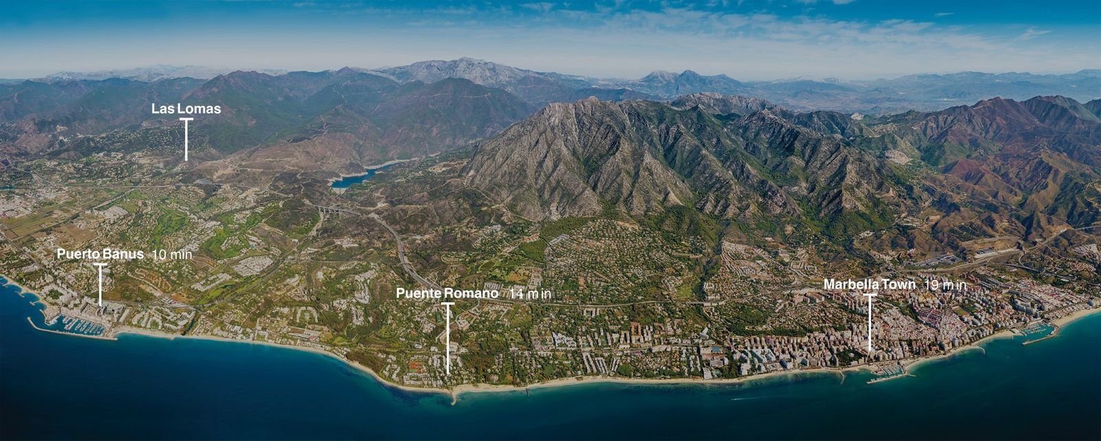 Aerial map showing Las Lomas relative to Puerto Banús, Puente Romano and Marbella